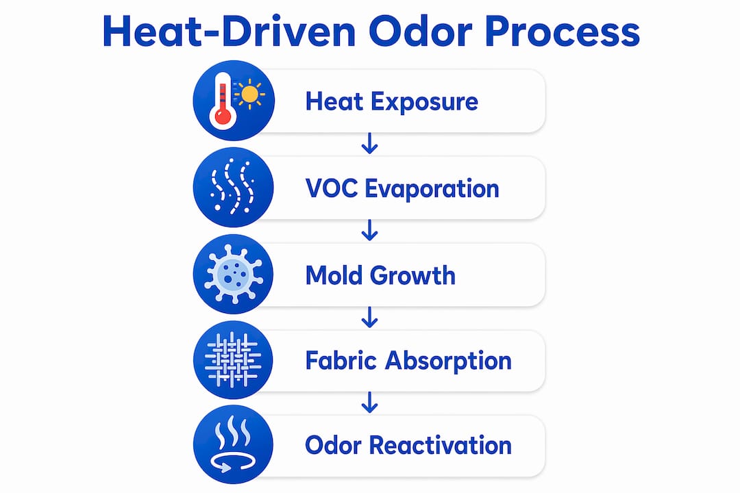 Infographic illustrating heat-driven car odor process