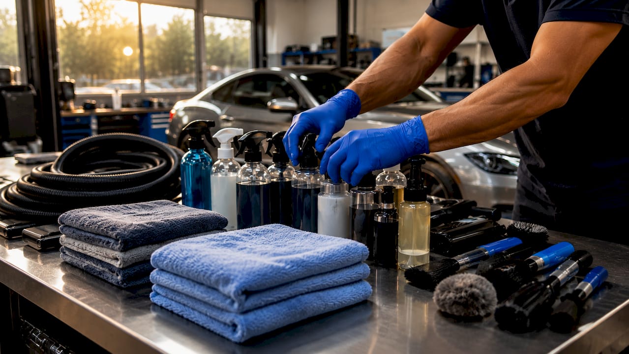 Hands selecting luxury car cleaning products