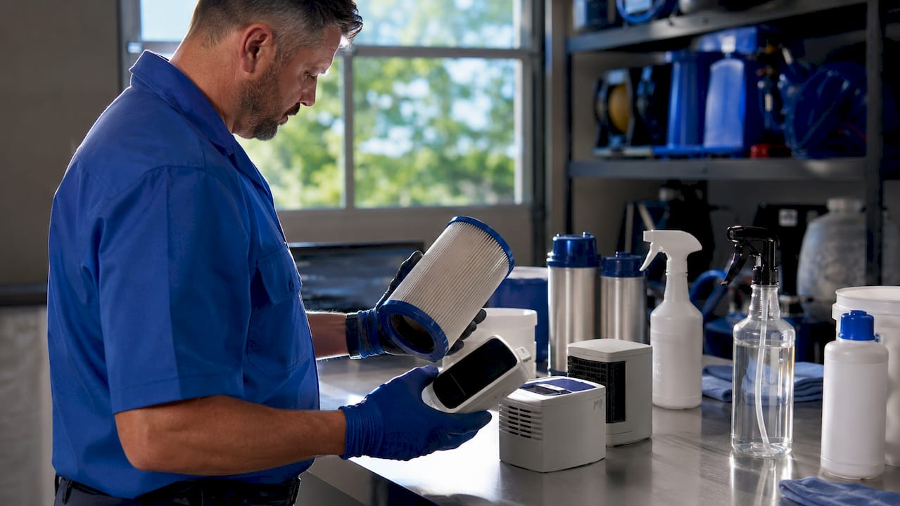 Odor control equipment laid out on workshop counter