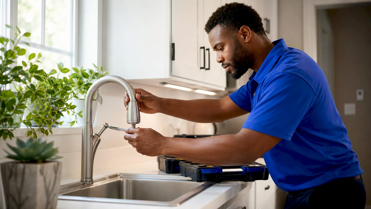 Handyman installing new hardware in rental kitchen