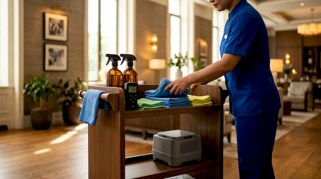 Professional freshness restoration tools on housekeeping cart