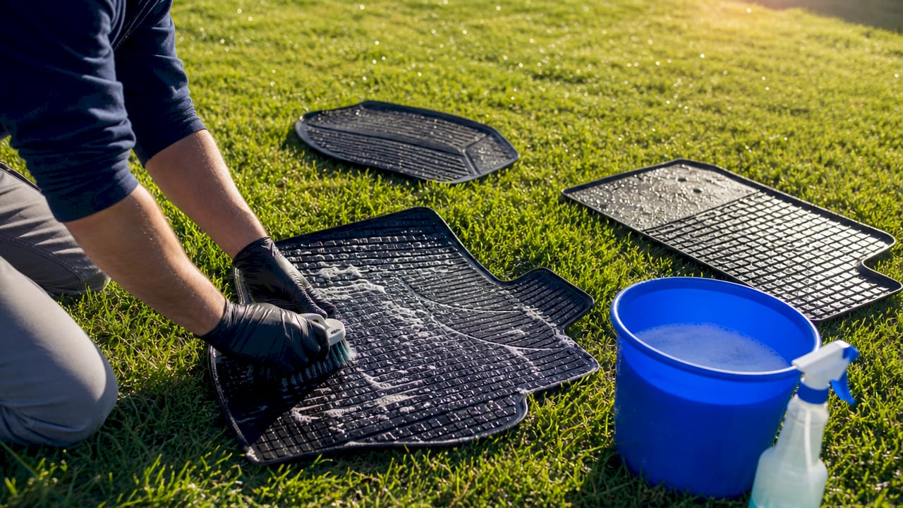 Hands shaking vehicle floor mats outdoors