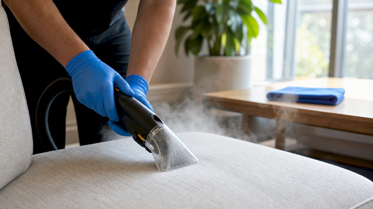 Close-up of hands using upholstery steam cleaner