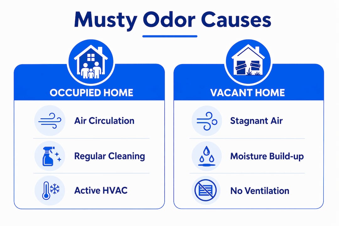 Infographic comparing occupied vs vacant home odor causes