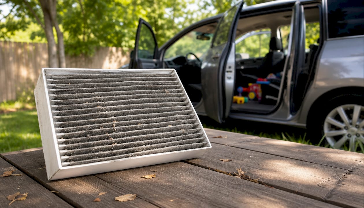 Used cabin air filter with trapped particles