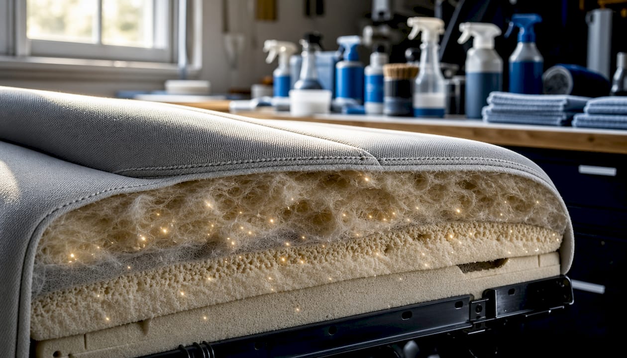 Close-up of odor molecules bonding to upholstery fabric