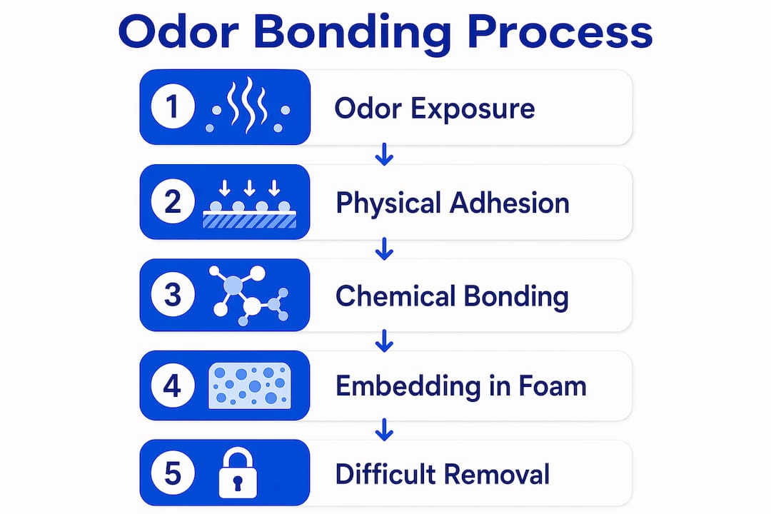 Infographic illustrating steps of odor bonding to upholstery