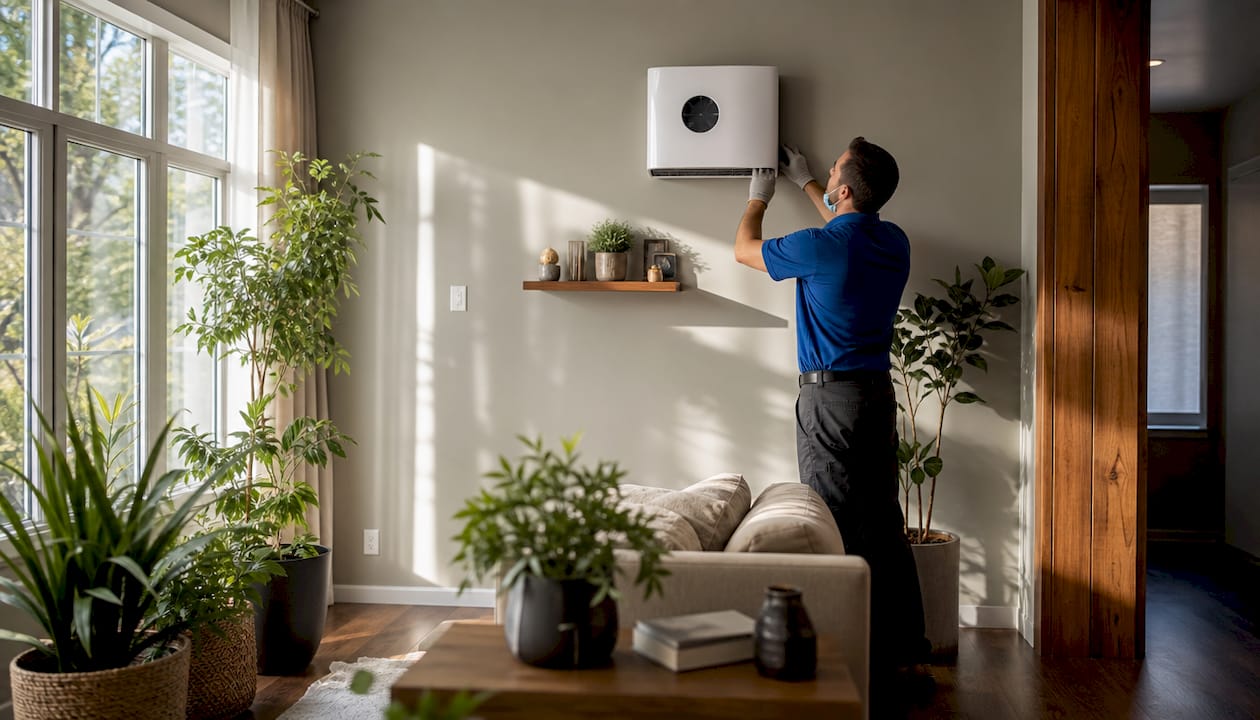 Hands adjusting wall-mounted air purifier