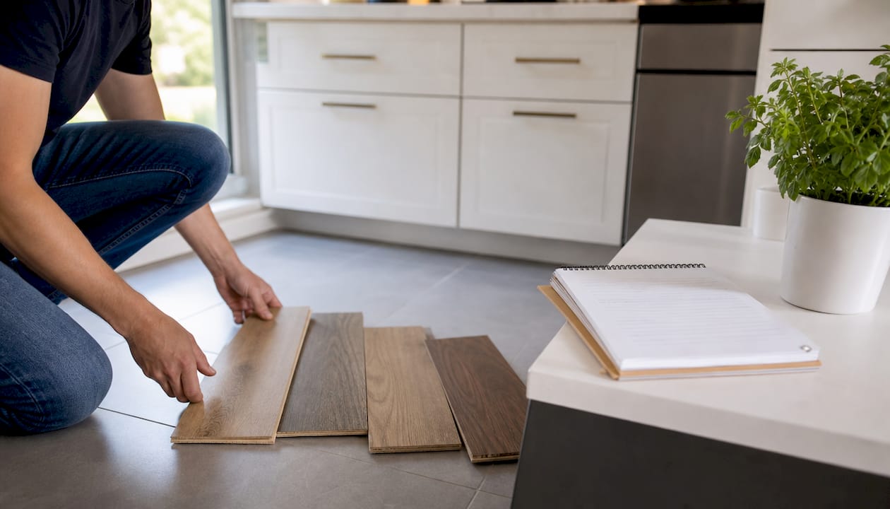 Hands selecting low-emission flooring samples
