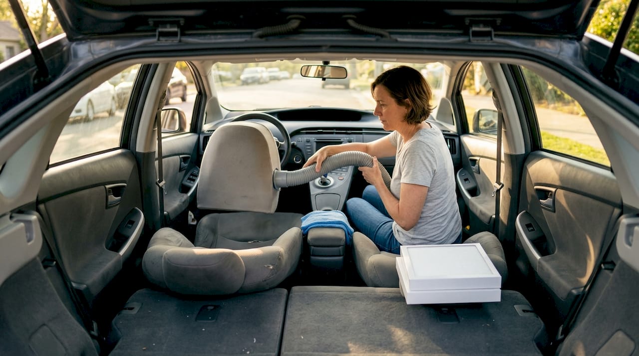 Woman treating car air vent for thirdhand smoke odor