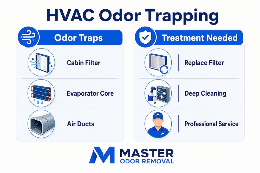 Infographic comparing HVAC components and required treatments for smoke odor