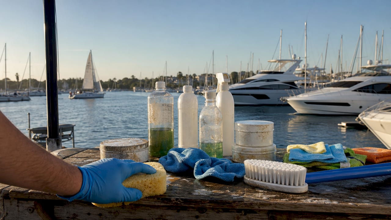 Yacht cleaning supplies on marina workbench with hands