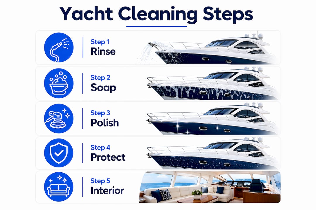 Infographic illustrating five yacht cleaning steps in sequence