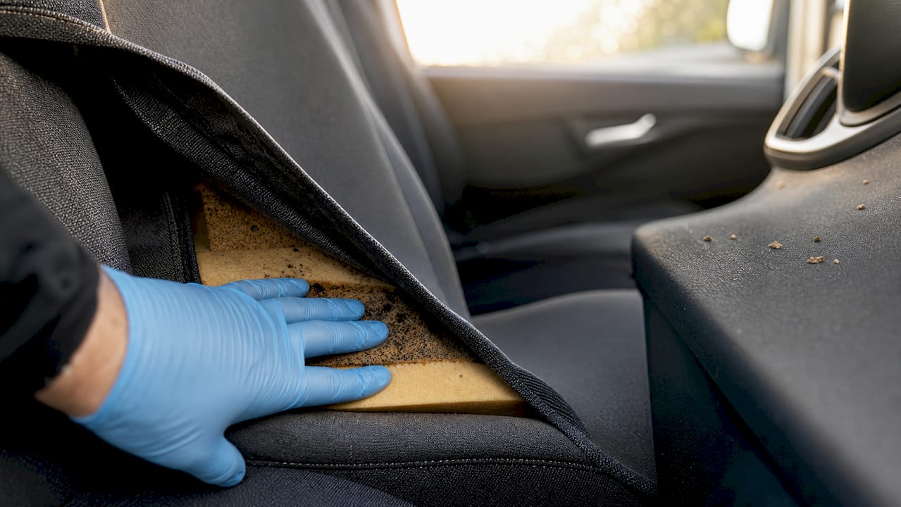 Close-up of rental car upholstery absorbing odors