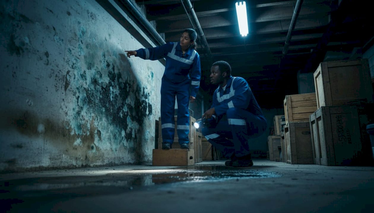 Maintenance workers inspecting mold growth