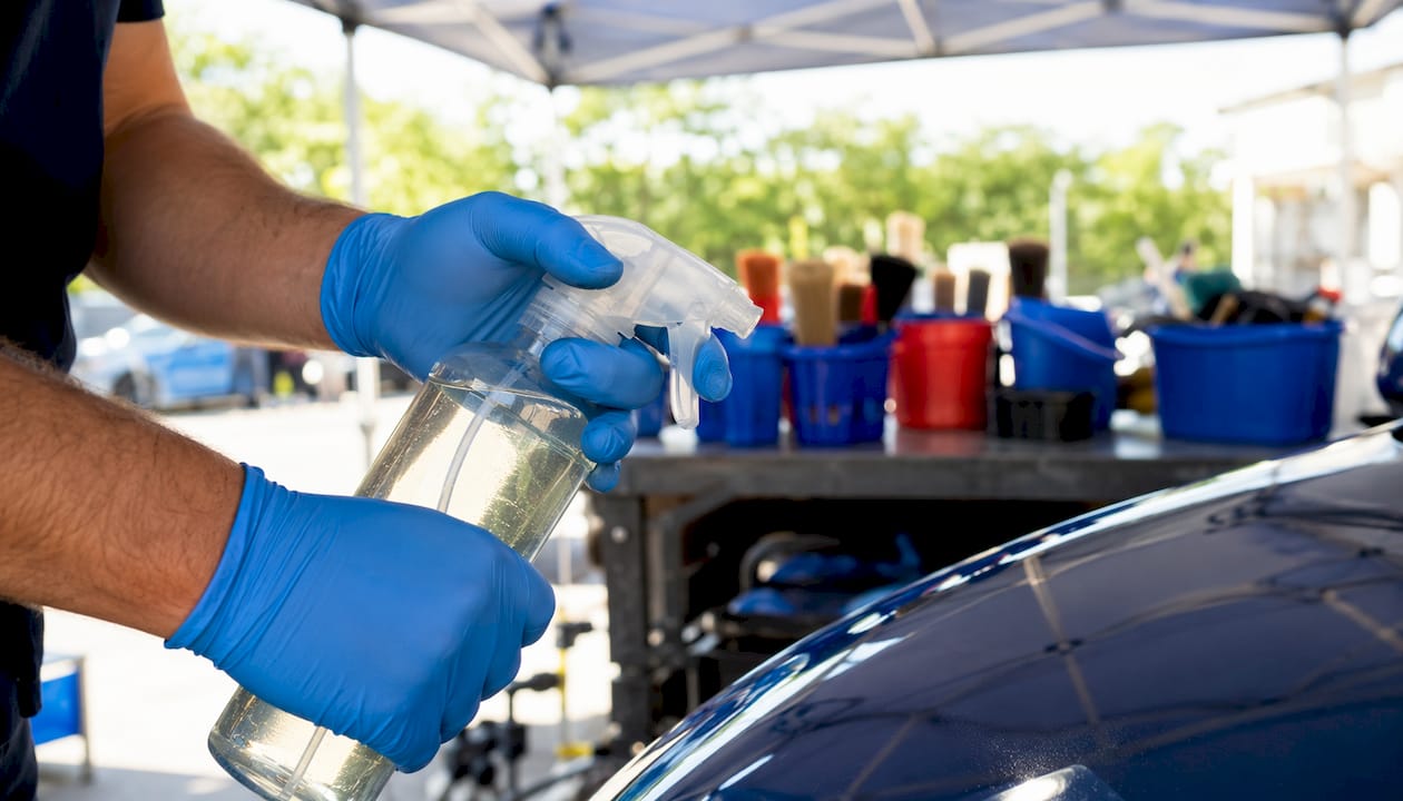 Hands holding enzyme-based cleaner bottle in workshop