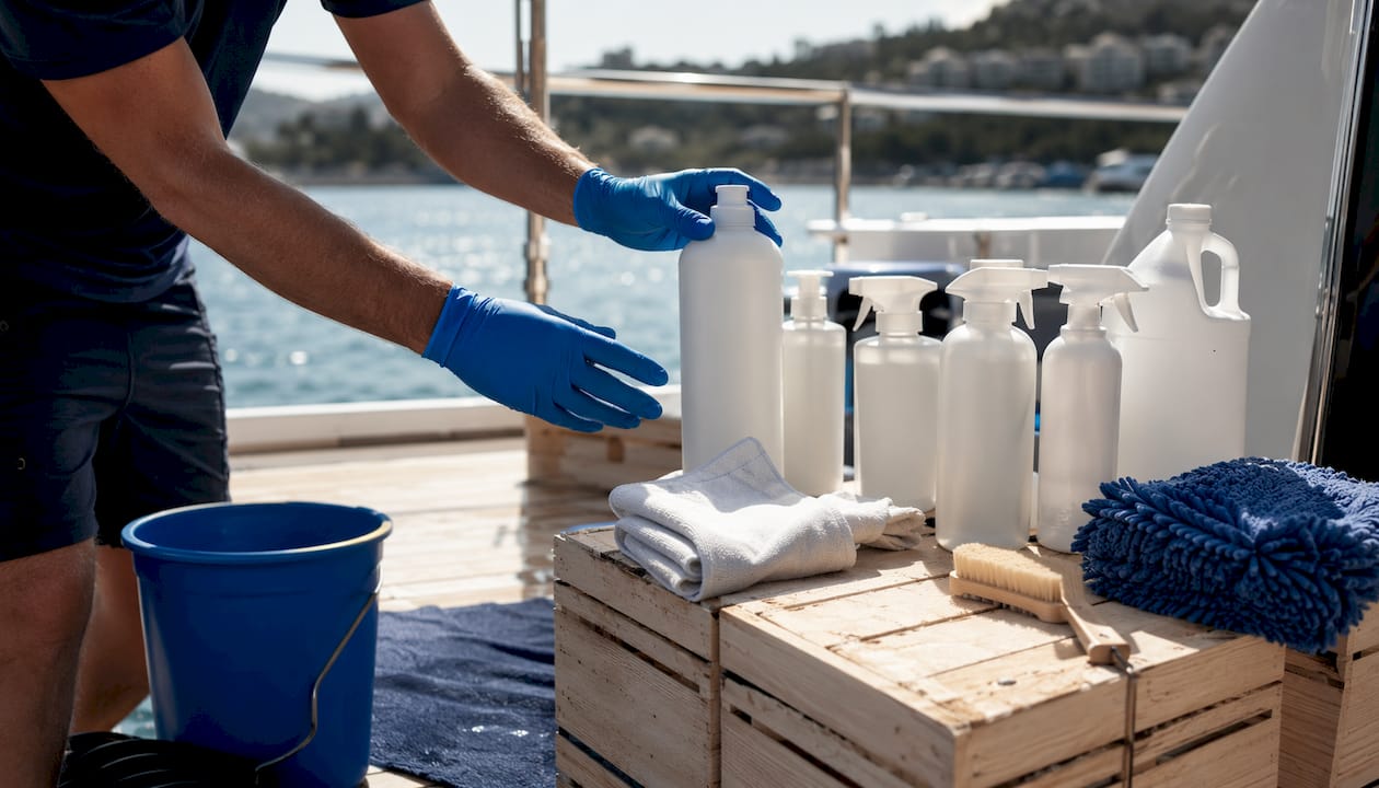 Eco-certified marine cleaning products on storage shelves