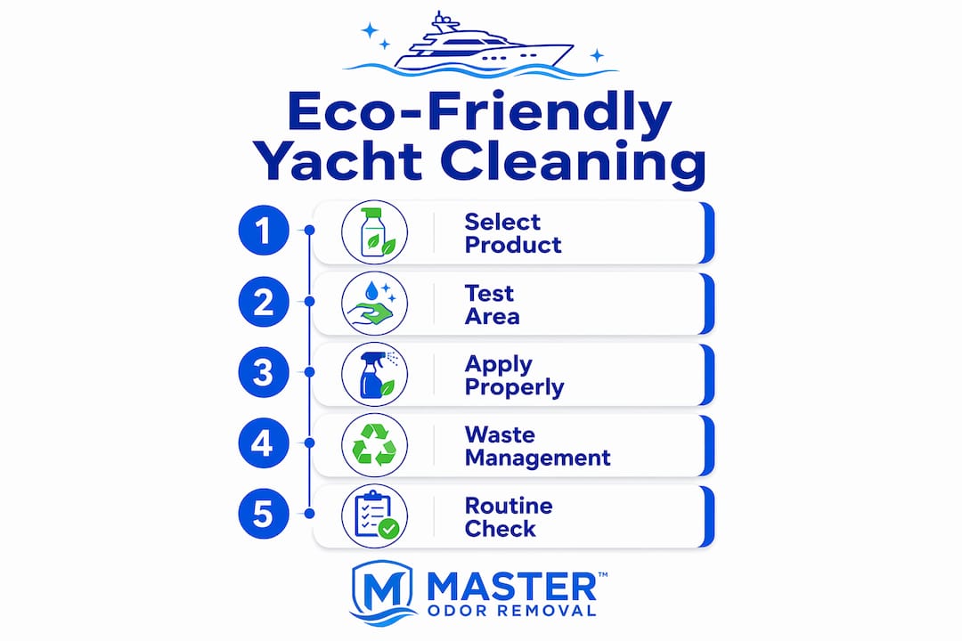 Infographic with five steps for eco-friendly yacht cleaning