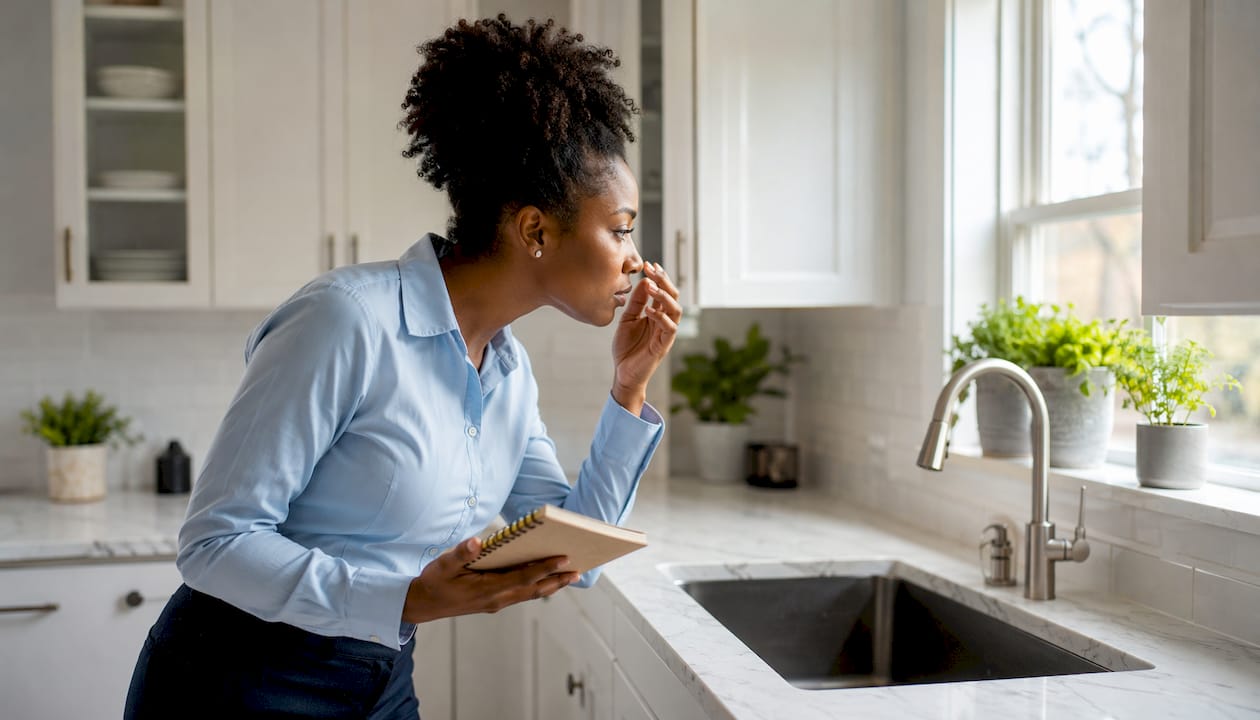 Woman inspecting kitchen air for odors