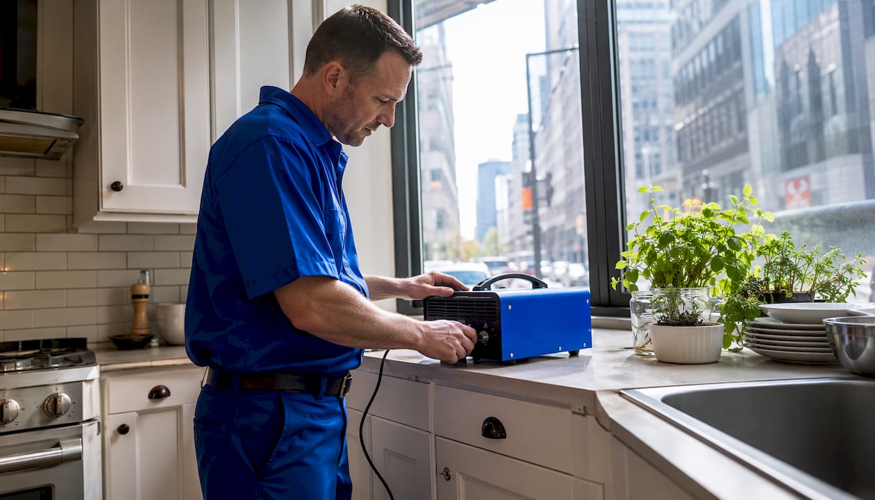 Technician using ozone machine in kitchen