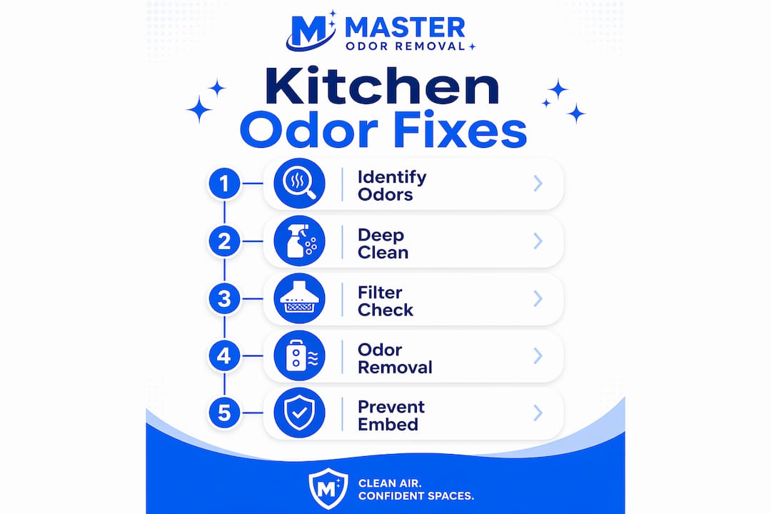 Infographic showing steps to fix kitchen odors