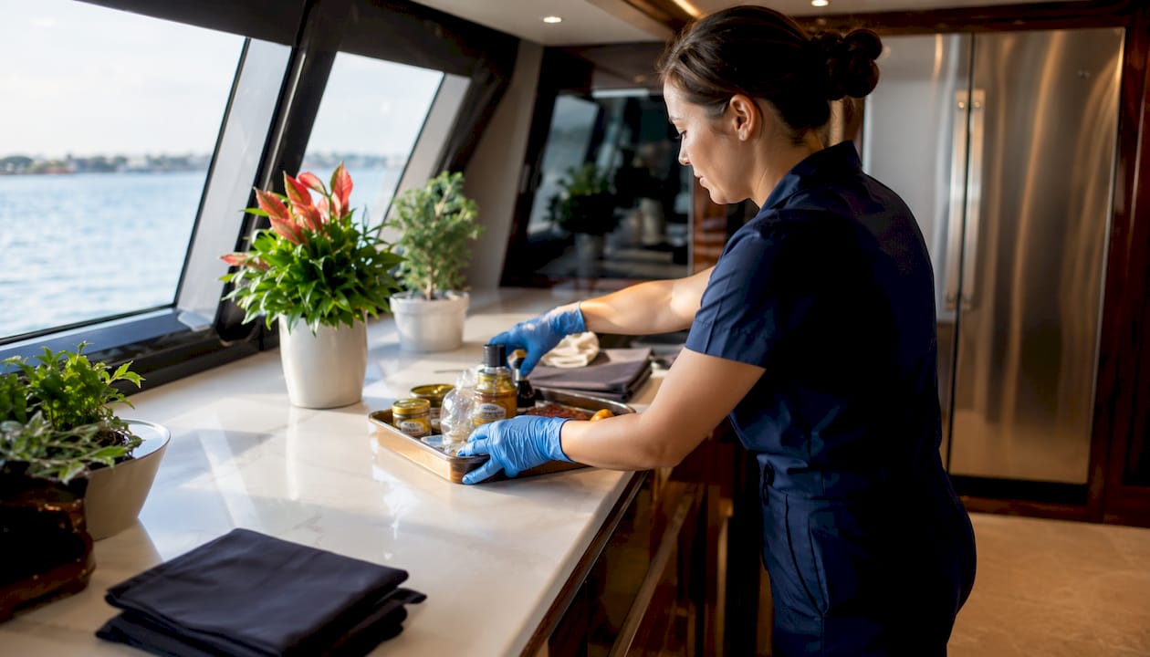 Overhead view of clearing yacht countertop