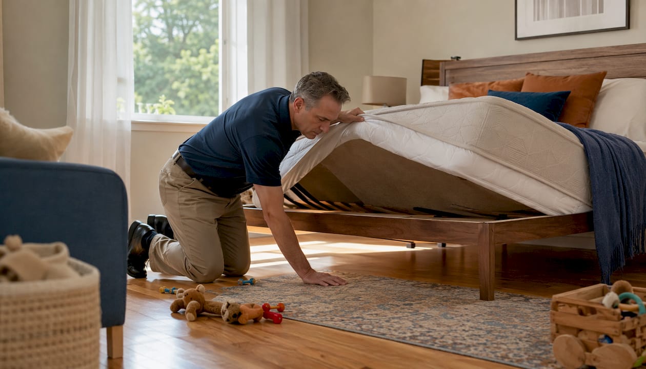 Man inspecting mattress for pet odors