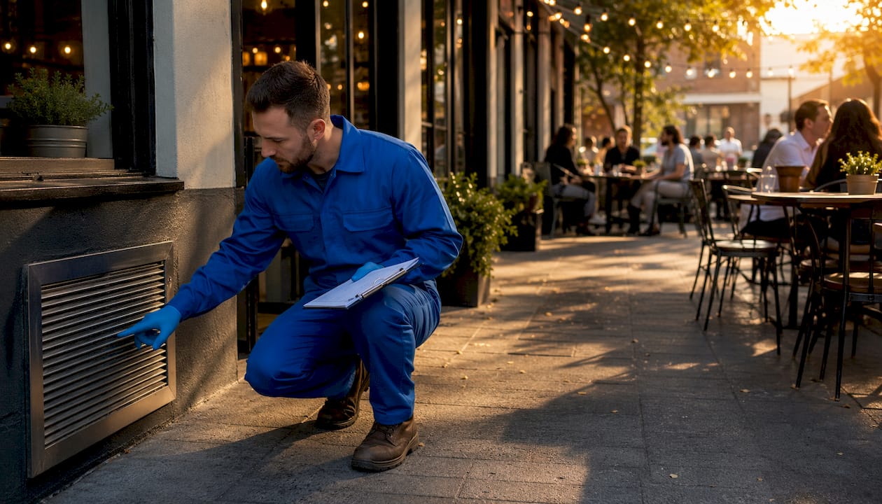 HVAC technician inspecting fresh-air intake unit