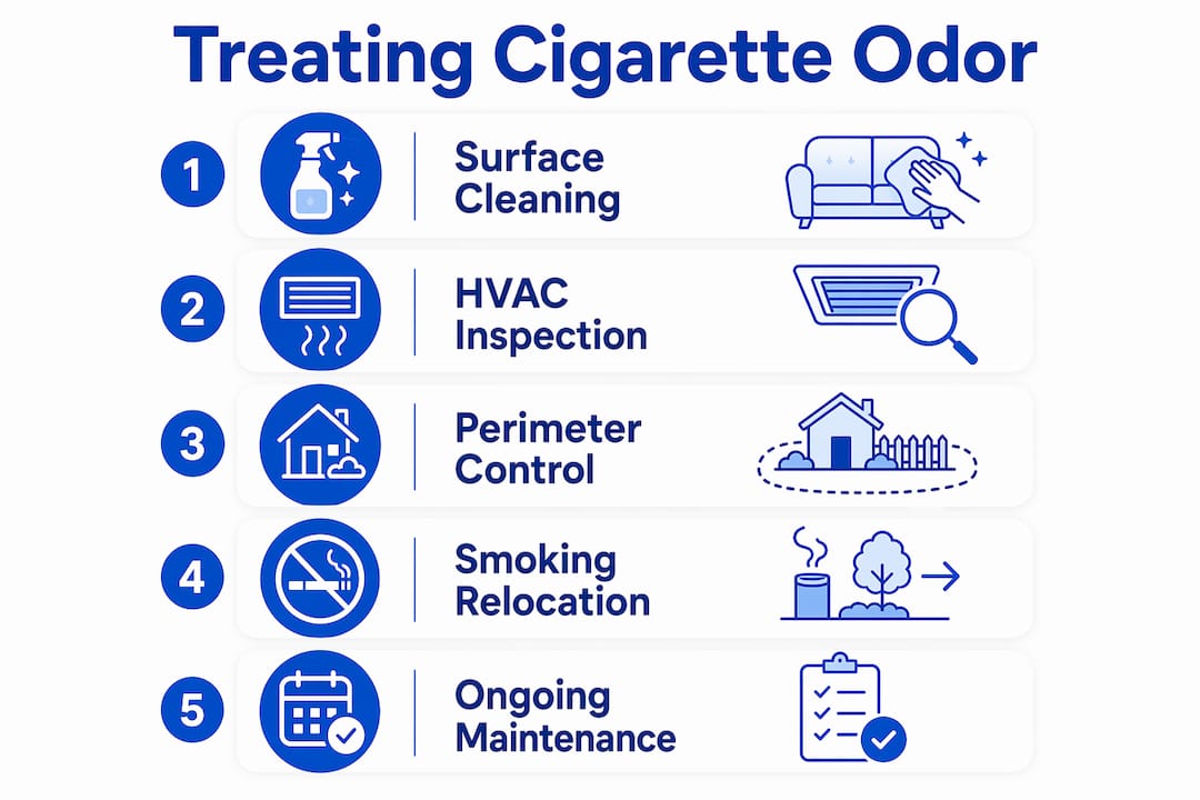 Infographic showing steps to treat cigarette odor