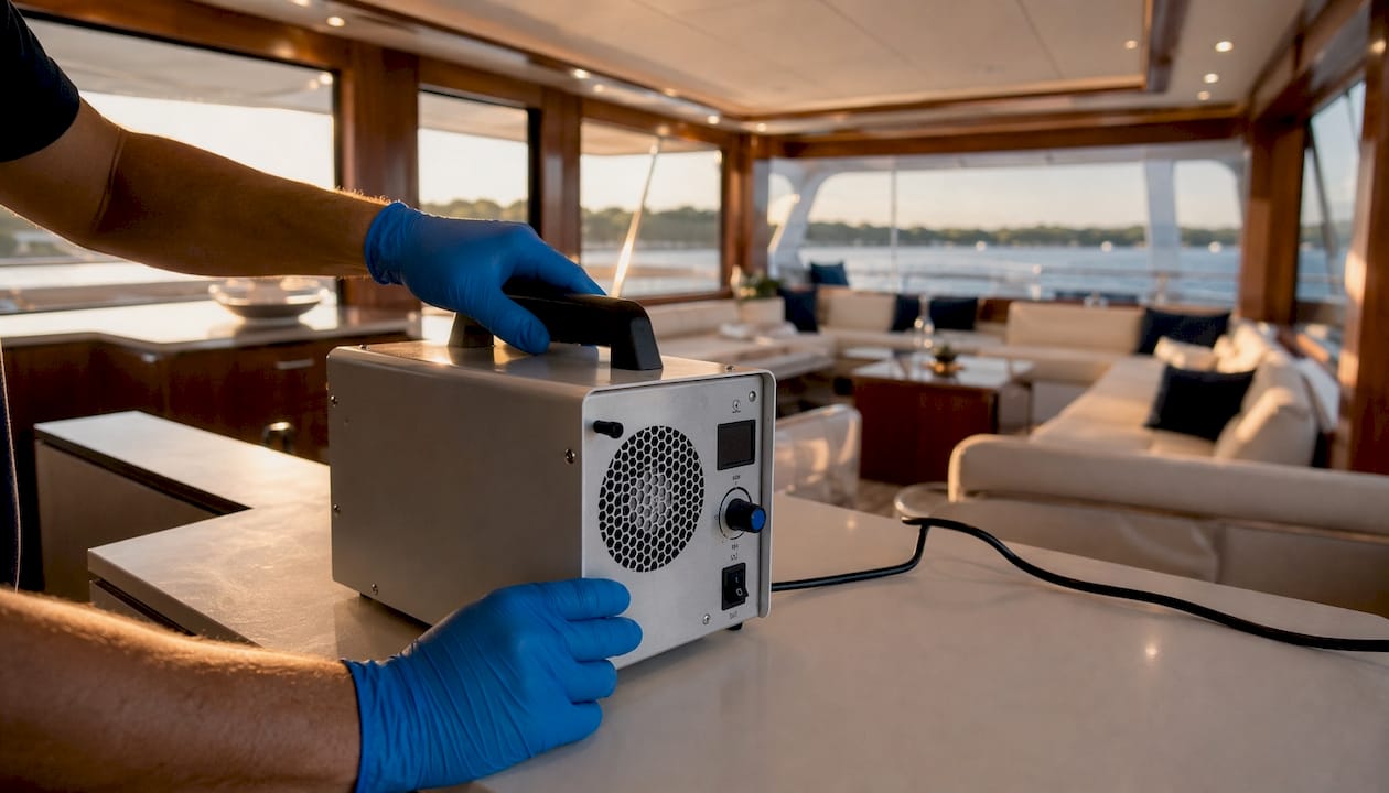 Hands operating hydroxyl generator on yacht