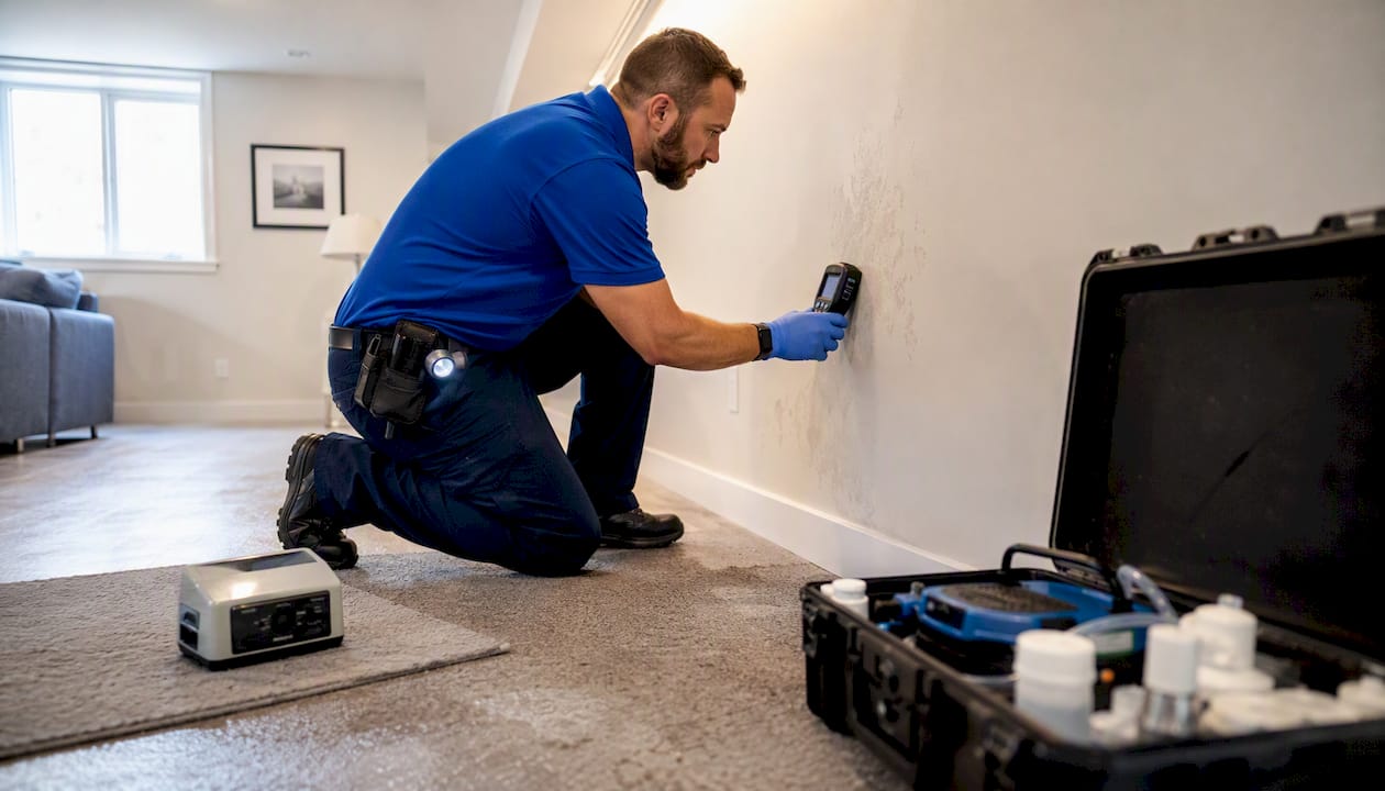 Inspector checking moisture in basement wall for mold