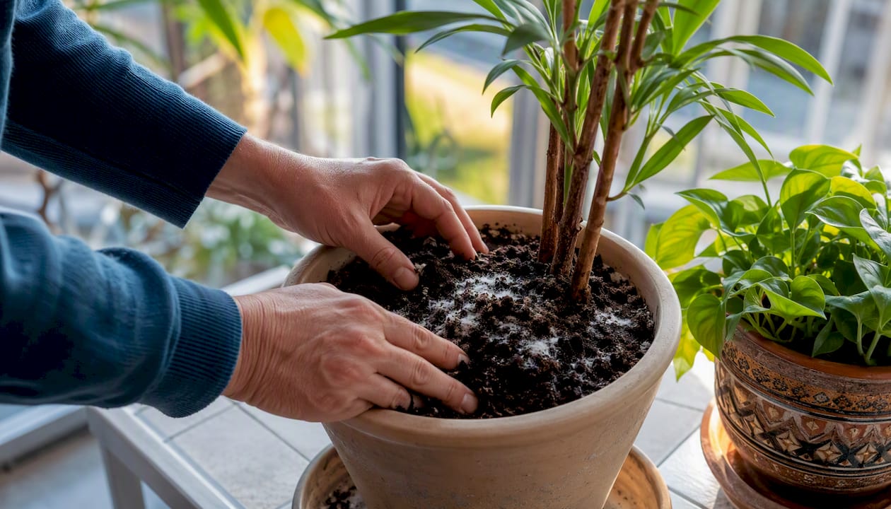 Hands inspecting moldy indoor plant soil