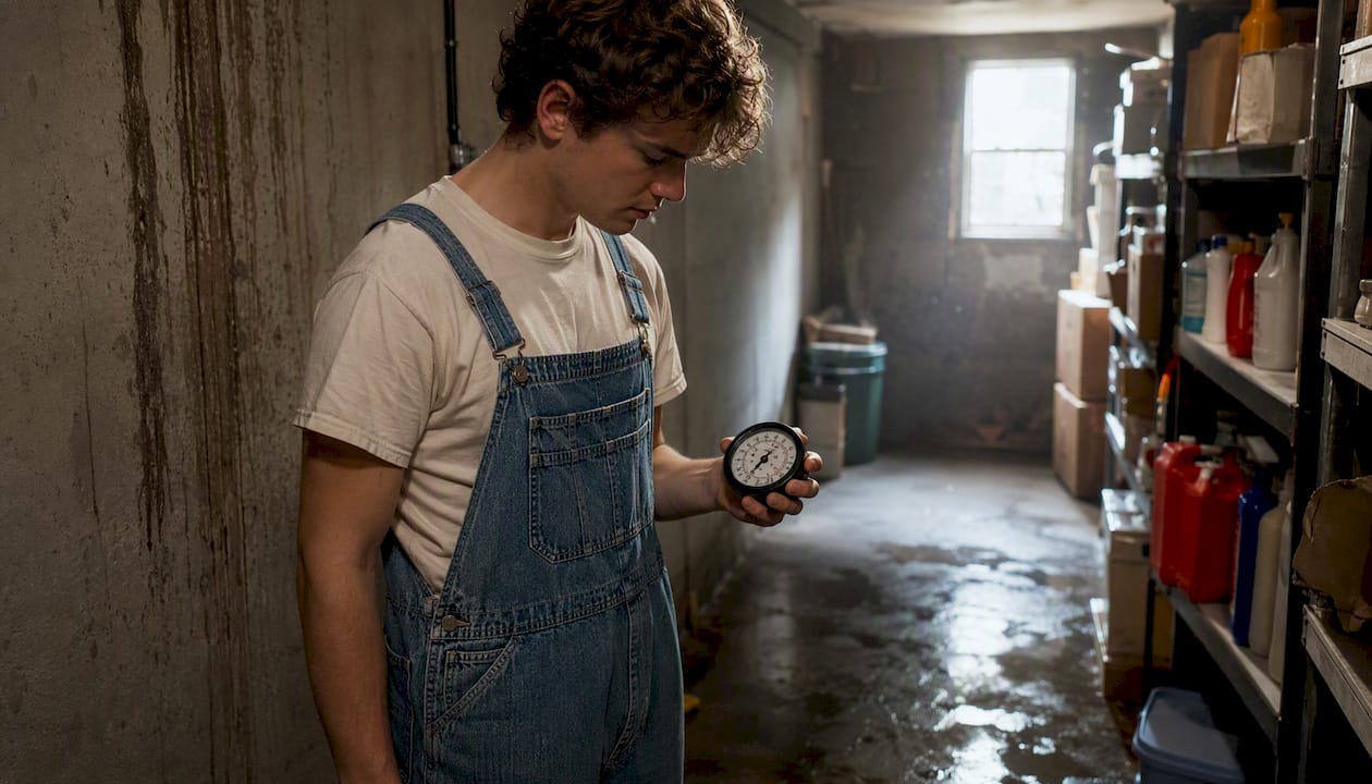 Man measuring high humidity in basement laundry room