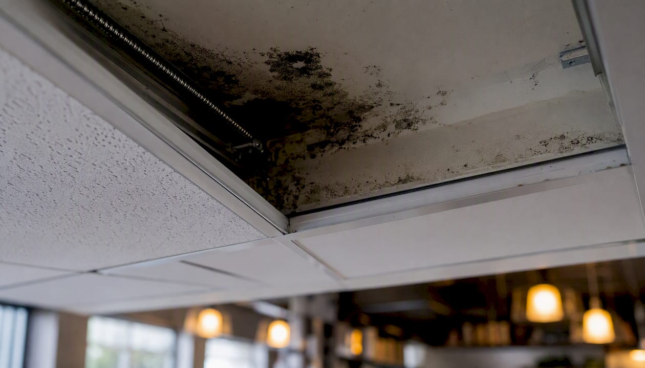 Mold hidden behind office ceiling tile and drywall