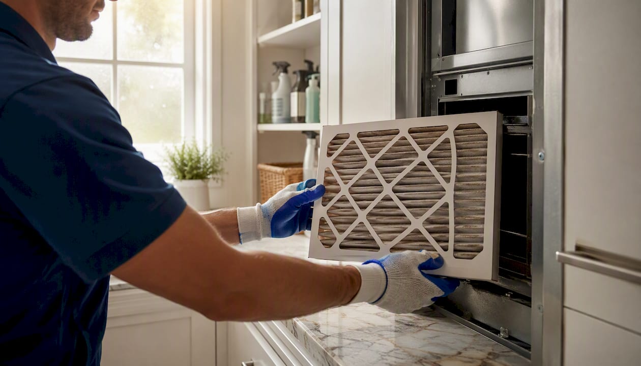 Hands replacing HVAC air filter in utility closet