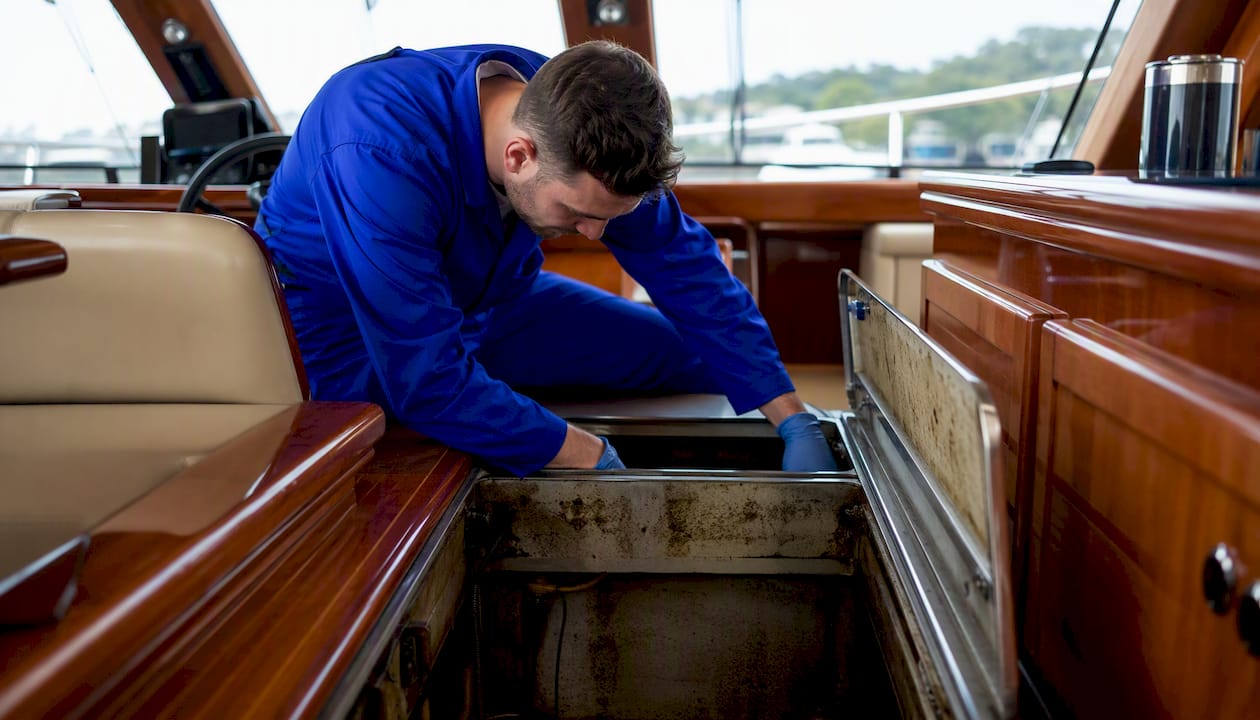 Technician removing contaminated insulation in yacht bilge