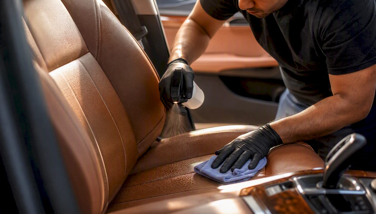 Hands applying odor treatment in luxury SUV interior
