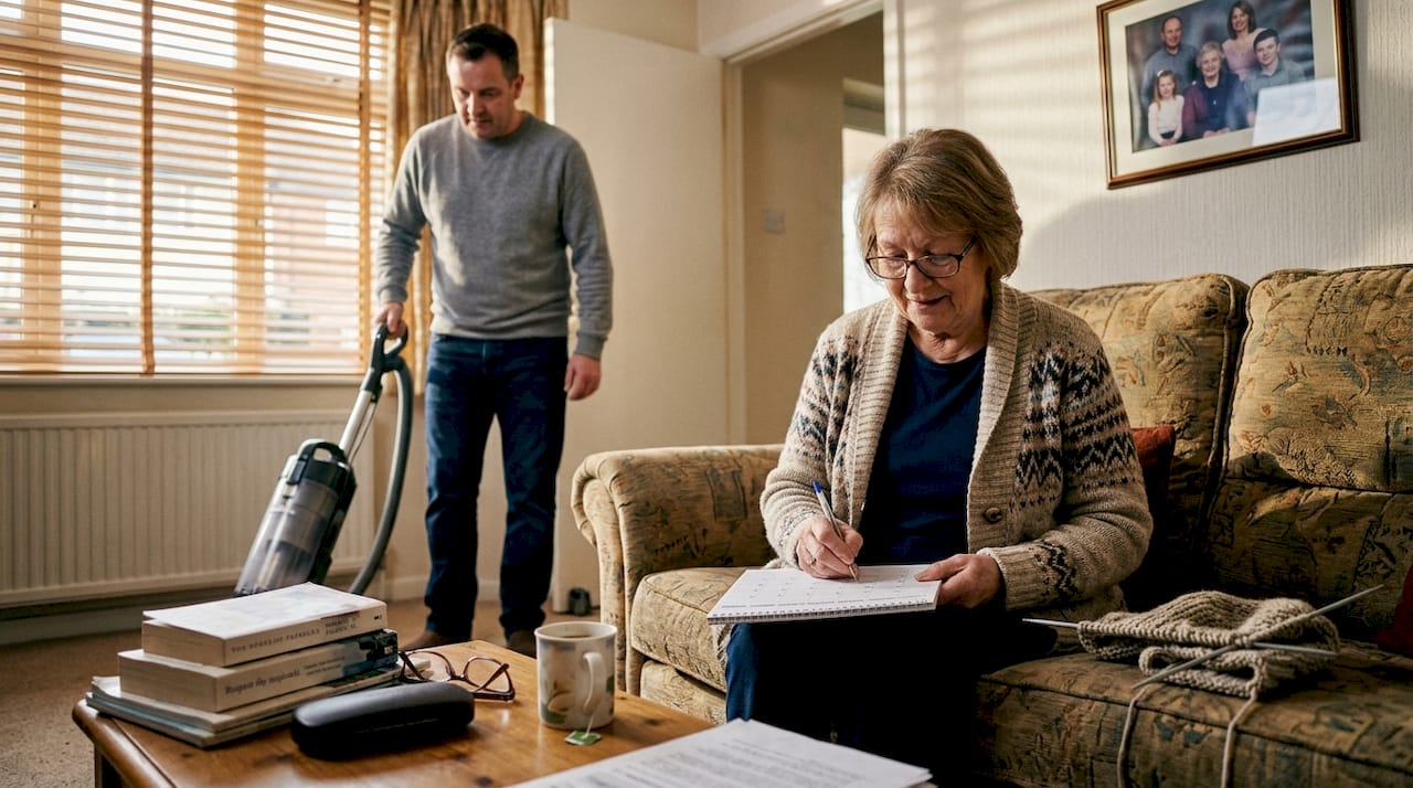 Elderly woman and carer in cozy living room