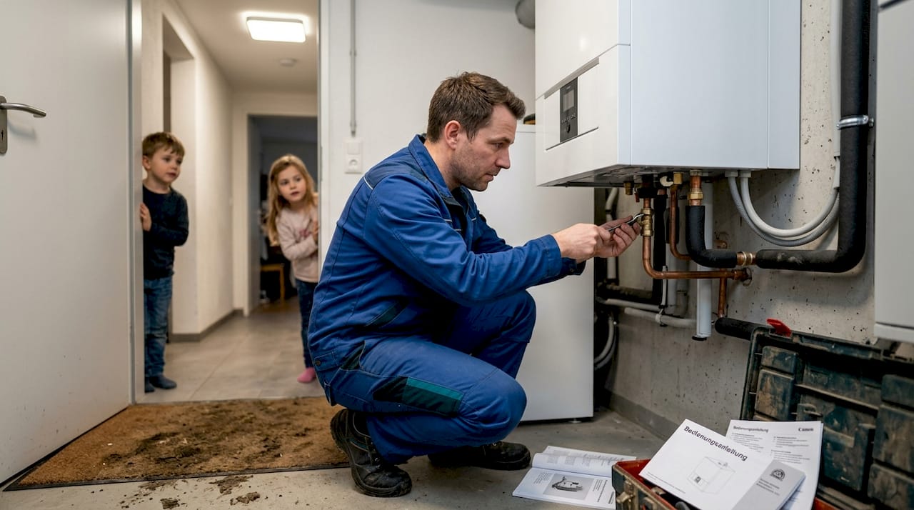 Ein Heizungsmonteur nimmt im Keller eines Wohnhauses die Installation einer neuen Heizungsanlage vor.