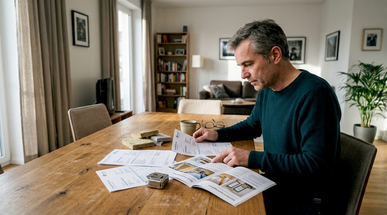 Ein Hausbesitzer sitzt am Esstisch und prüft seine Strom- und Gasabrechnungen.