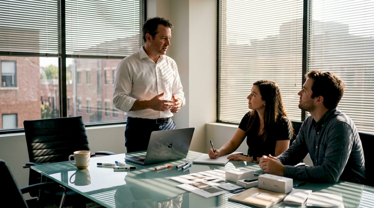 Product manager leading meeting with team