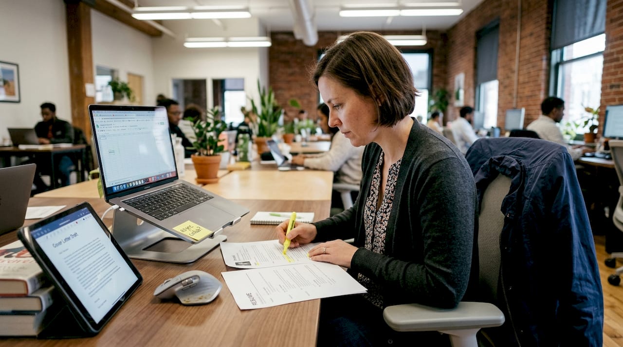 IT professional updating resume at coworking desk
