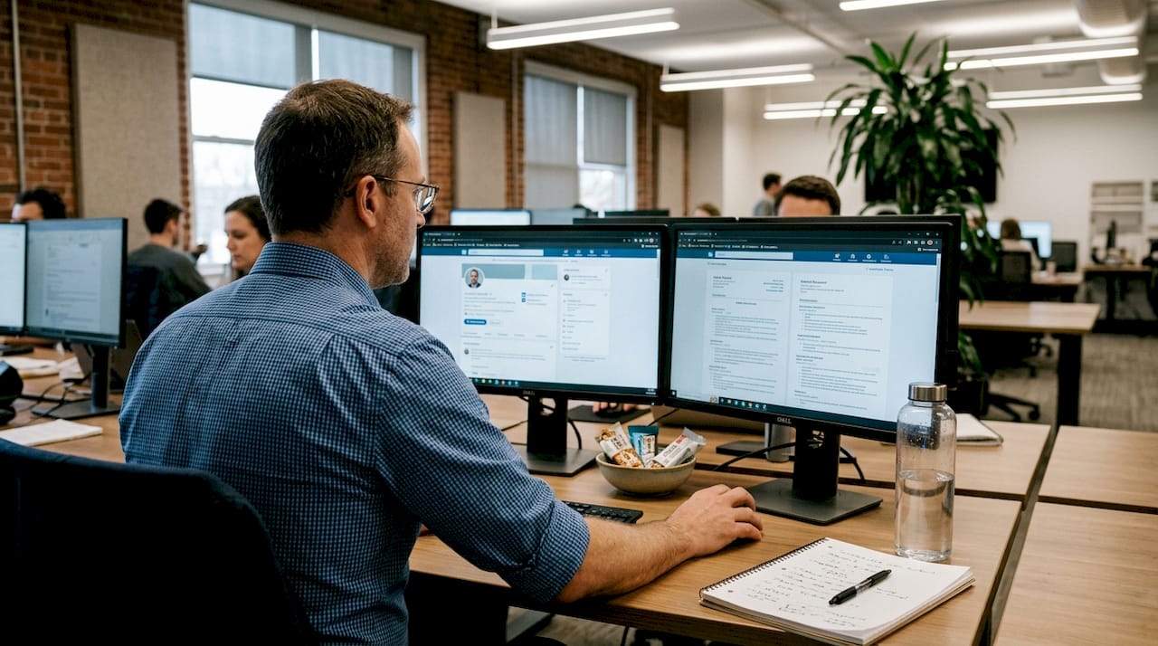 Tech recruiter at open-plan office workstation