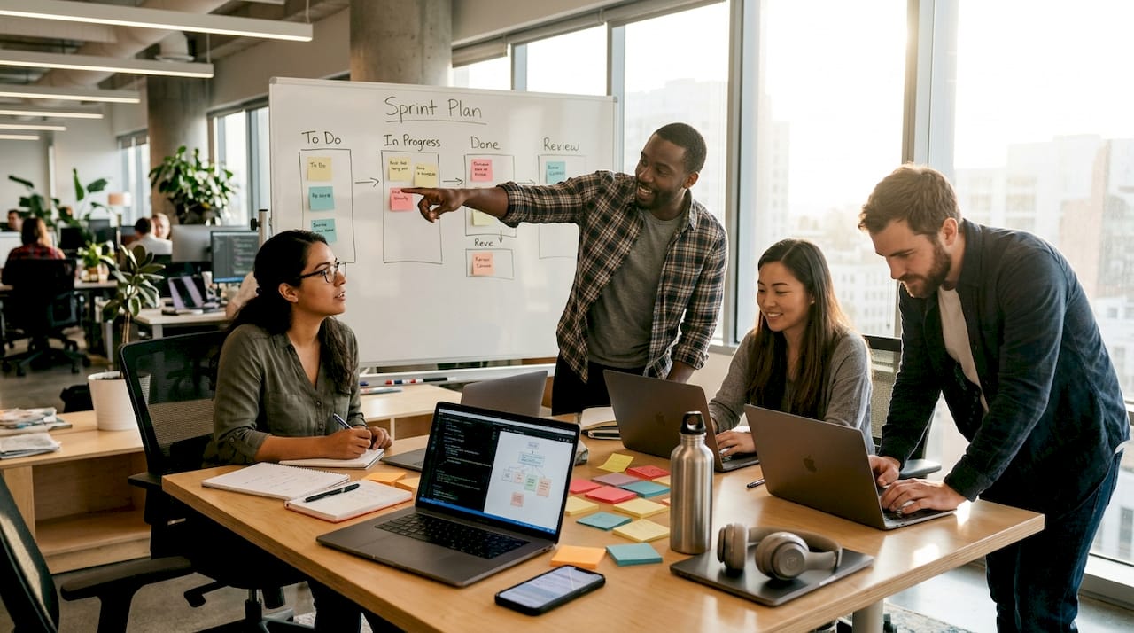 Software team collaborating around workflow board