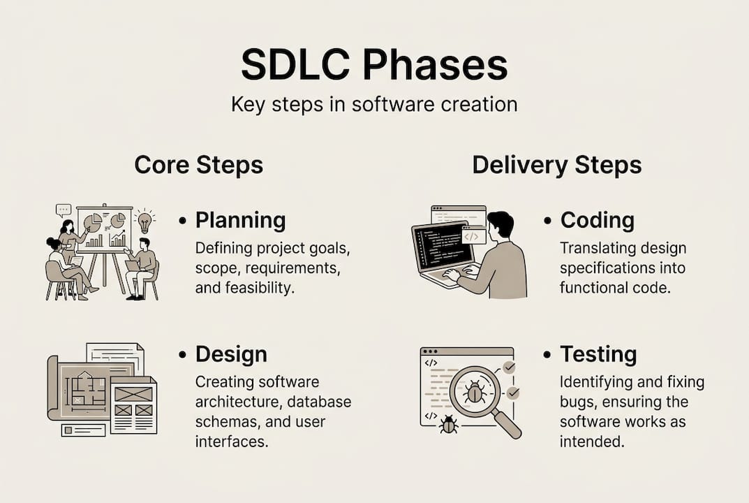 Infographic showing SDLC phases and core steps