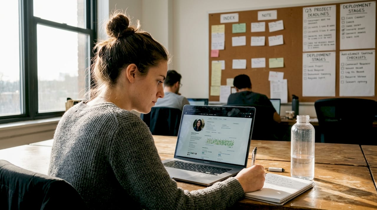 Woman updating GitHub at shared workspace