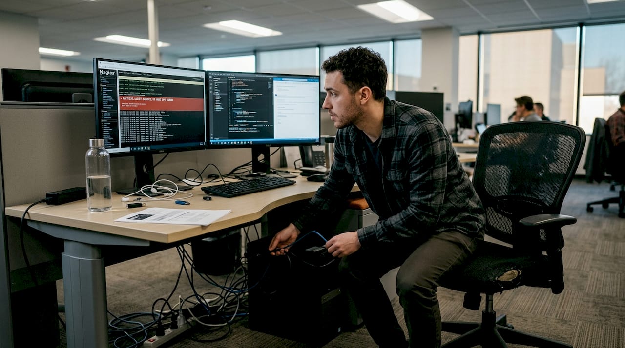 Systems administrator troubleshooting cables at desk