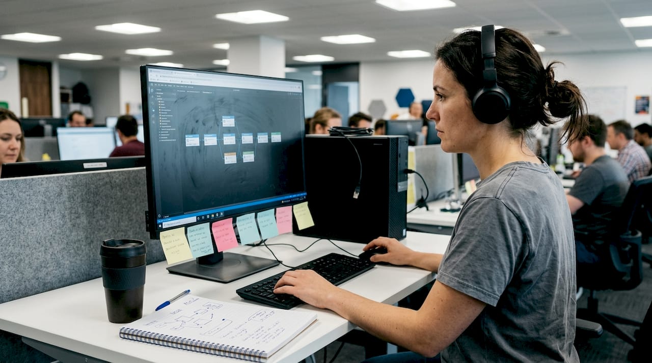 Data engineer building workflow diagram at desk