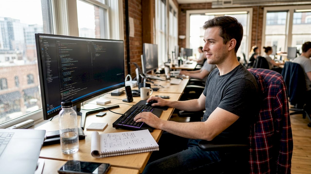 Developer scrolling through code at desk