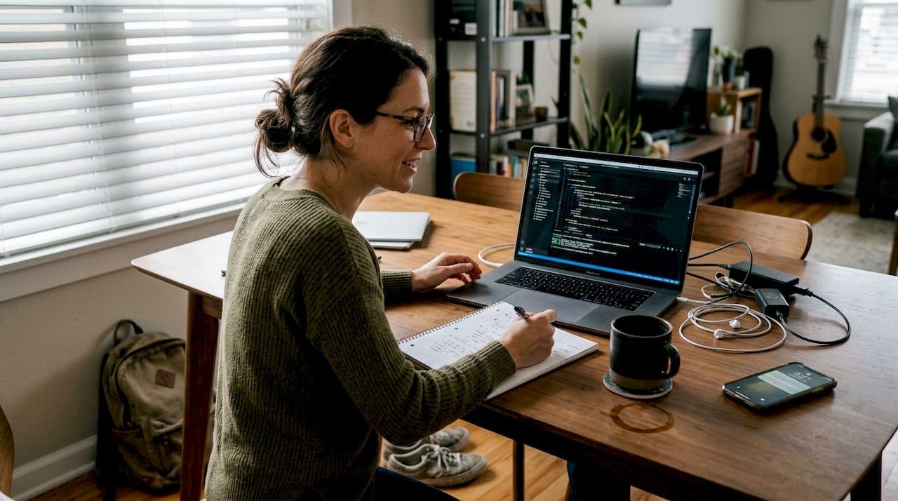 Remote developer coding at home workspace